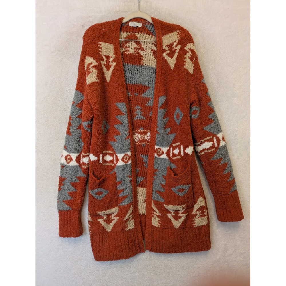 Warm & Cozy Cardigan Women's Large Rust Orange Southwestern Open Front